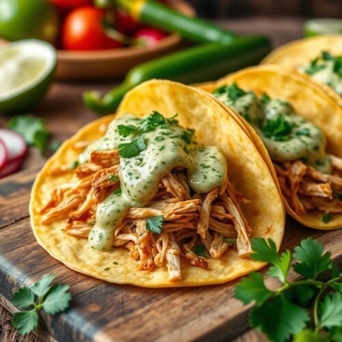 Shredded Chicken Tacos with Creamy Chimichurri Sauce