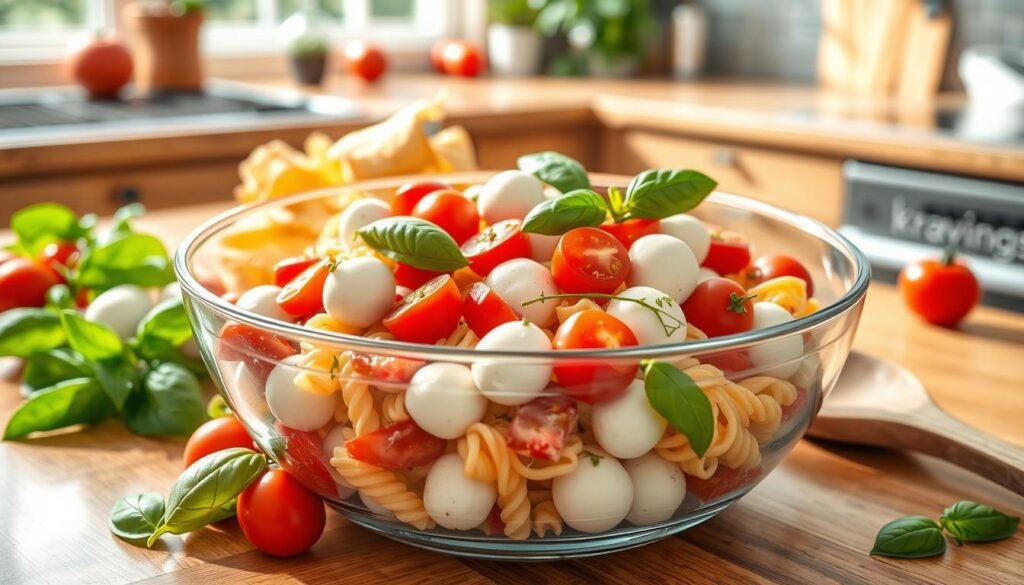 assembling Caprese Pasta Salad